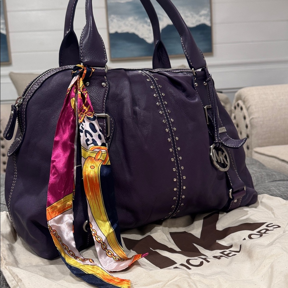 Michael Kors Satchel Large Oversized Purple Leather Studded  Lattington Bag - Picture 3 of 17